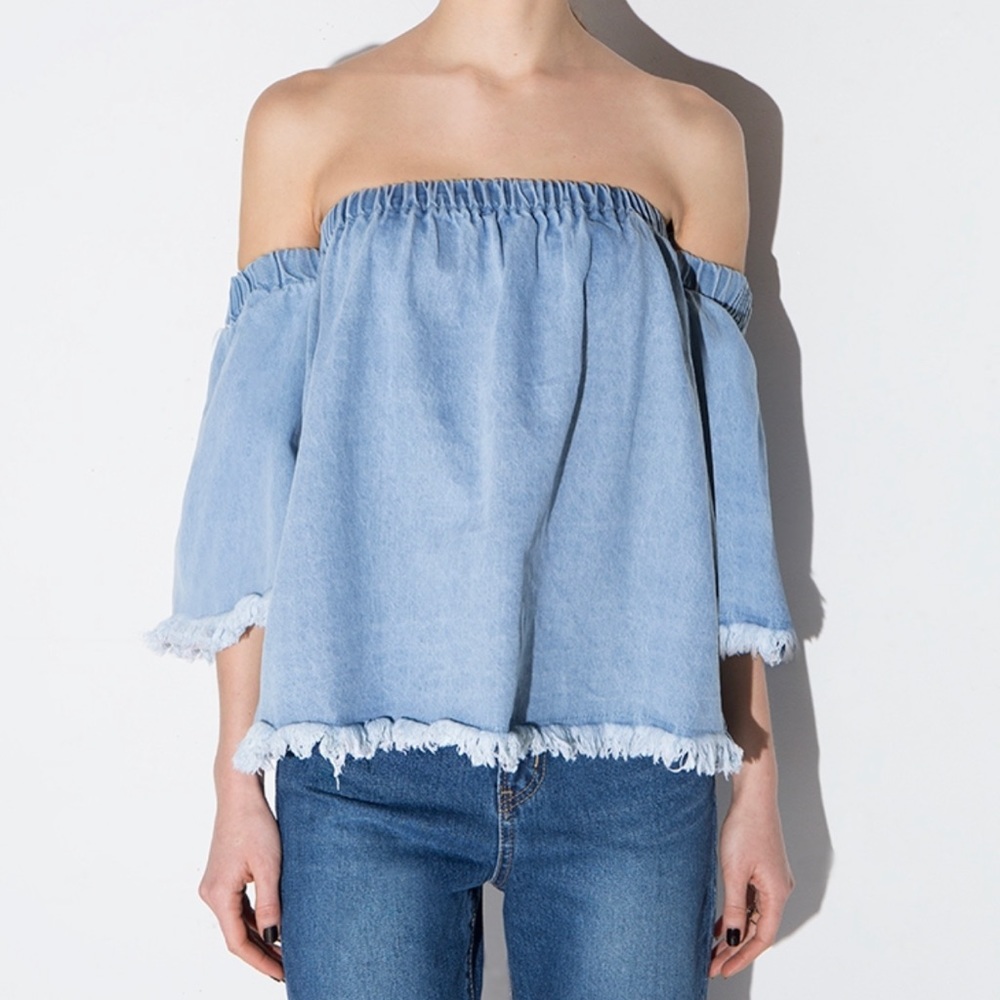 J.O.A. frayed denim off the shoulder top